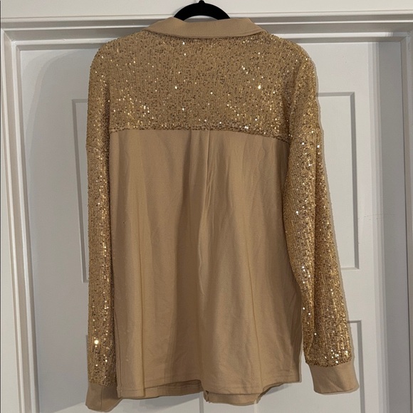 Sequin Embellished Button Down Shirt - Tan - Picture 3 of 4
